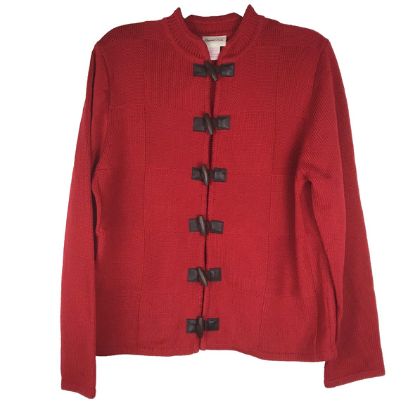 Crystal Kobe Knit Cardigan Red Sweater Wooden Toggle Closure Women's Large - Picture 1 of 6